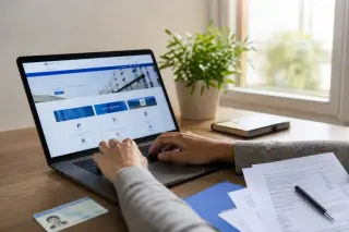 Mains tapant sur un ordinateur portable dans un bureau moderne, documents administratifs et carte d'identité sur le bureau, lumière naturelle, ambiance professionnelle, aucune personne visible.