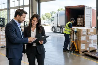 Business professionals discussing shipment documents in a modern warehouse, with a worker loading boxes and a truck at a loading dock in the background.