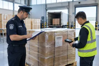 A customs officer checks export documents beside a wrapped shipment while a warehouse worker scans a package barcode near a loading dock on a sunny day.